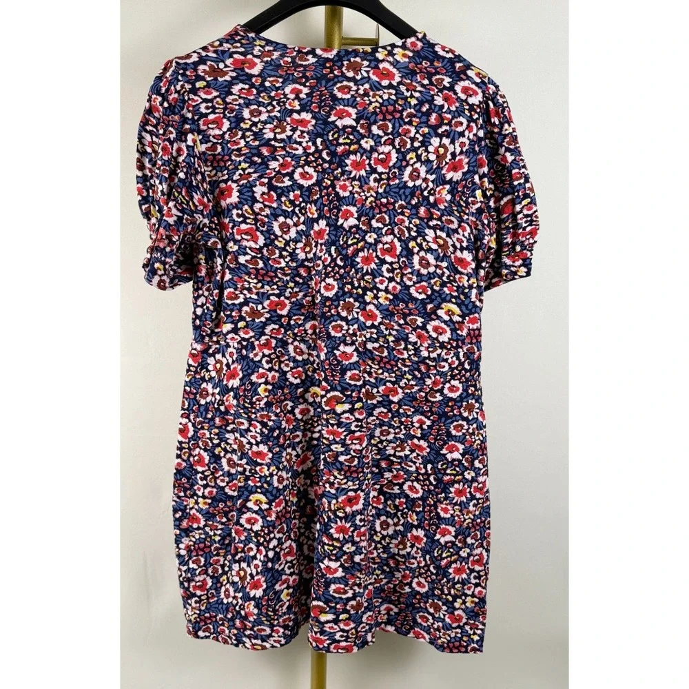 Boden Floral Cotton‎ Knit Dress Short Sleeve V-Neck Blue Red Size 12P